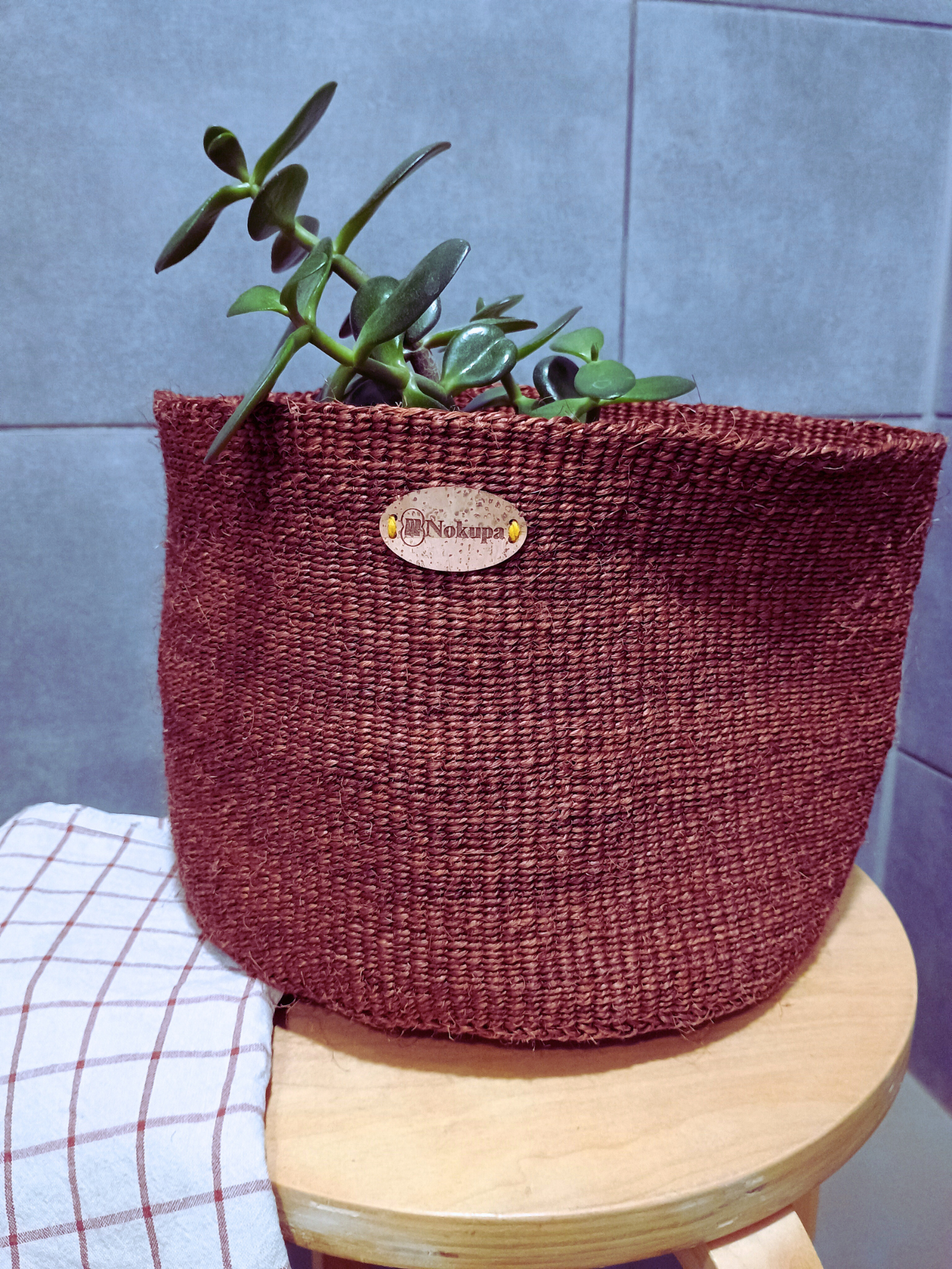 Brown woven sisal basket small boho Nordic shelf plant storage ethical Kenya