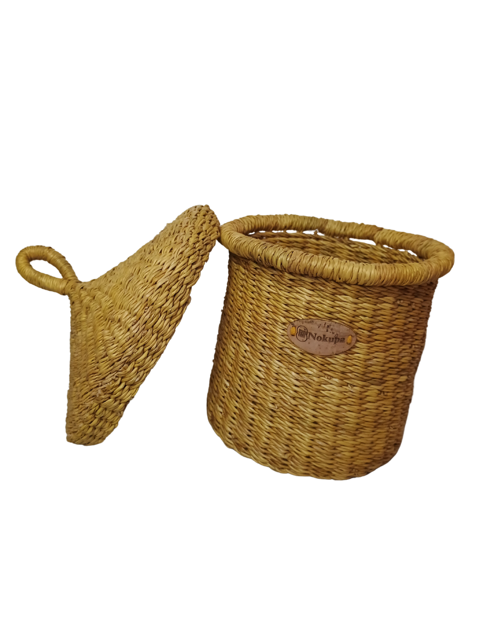 Handwoven elephant grass basket with cone lid made by women artisans Ghana for nordic homes