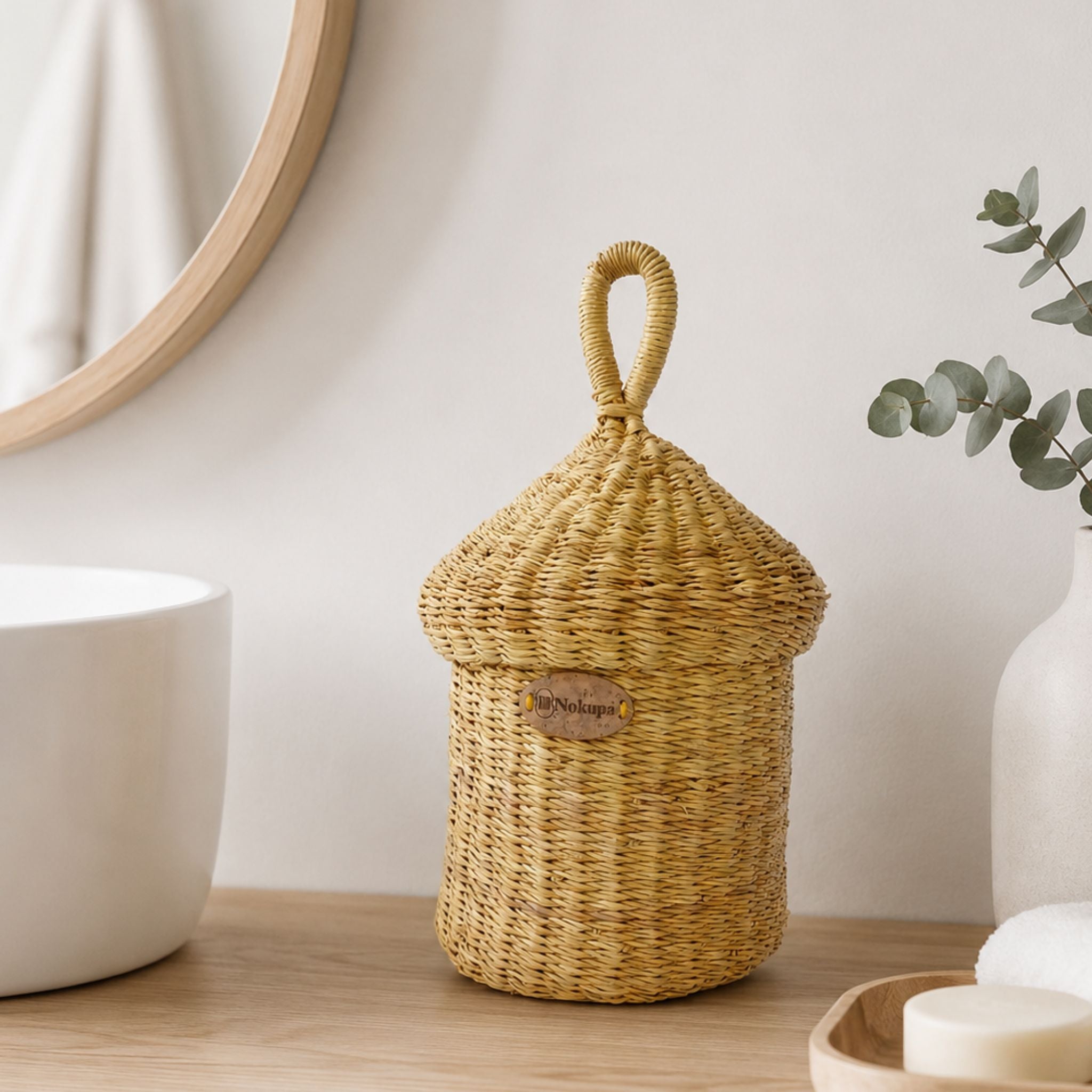 Handwoven elephant grass basket with cone lid made by women artisans Ghana for nordic homes-Nokupa