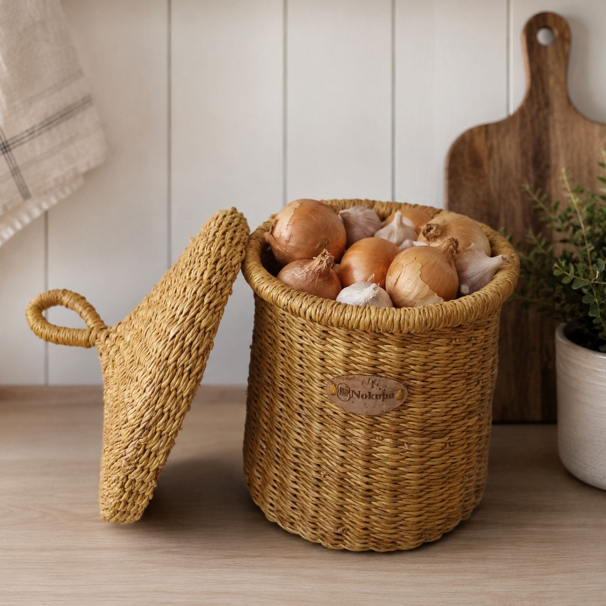 Woven storage basket with lid boho kitchen pantry storage natural elephant grass — Nokupa